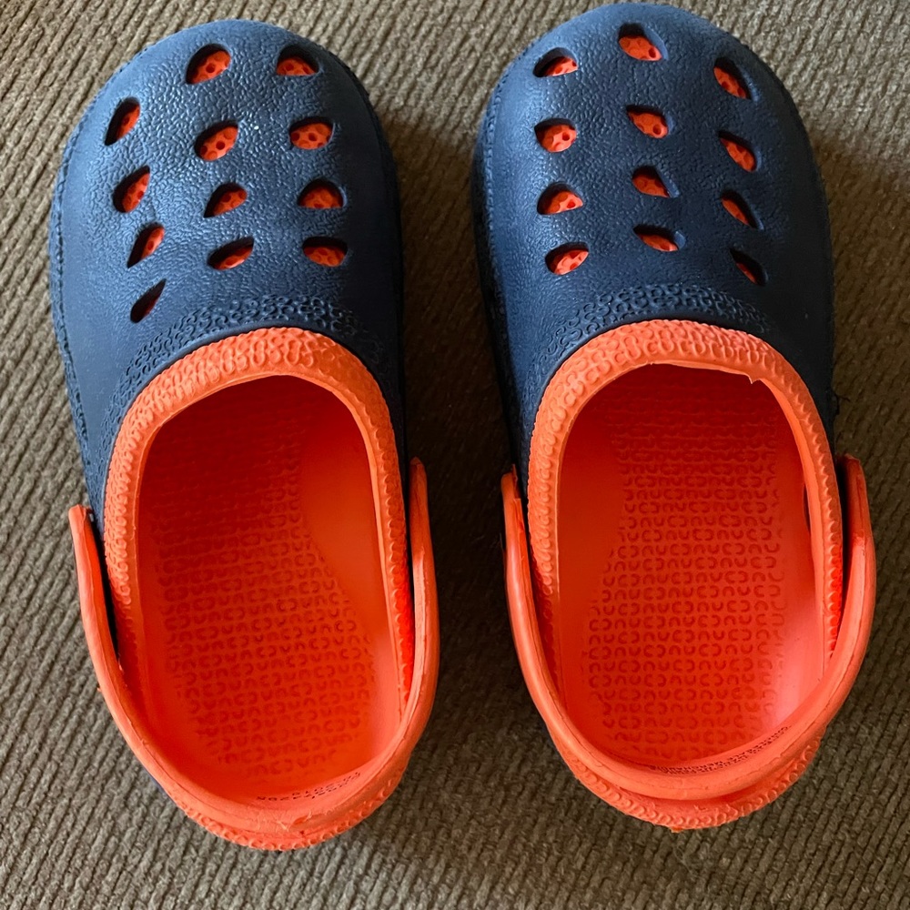 Dark blue & orange “croc-type” shoes by Wholesale Merchandisers - kids’ size 12